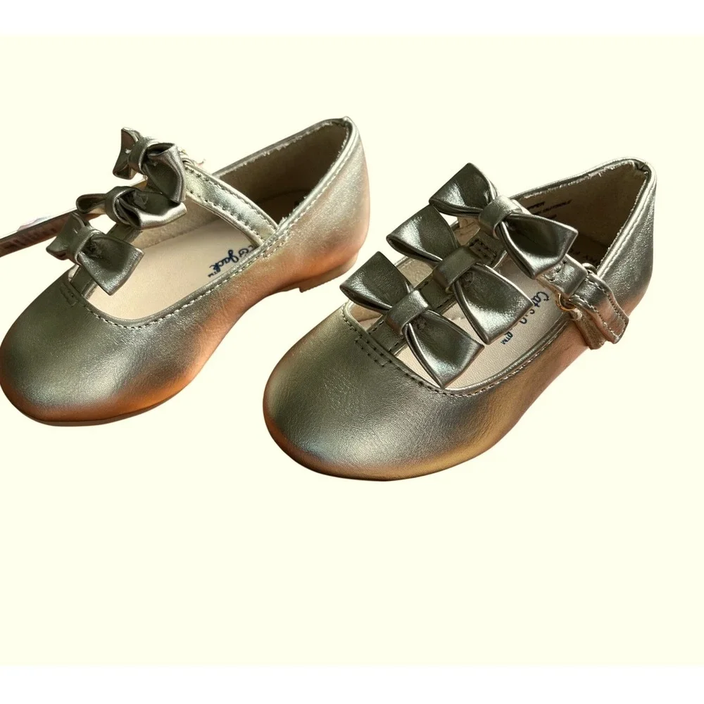 Cat & Jack Girls Gold Metallic Triple Bow Mary Jane Dress‎ Shoes Size 5 Baby NEW